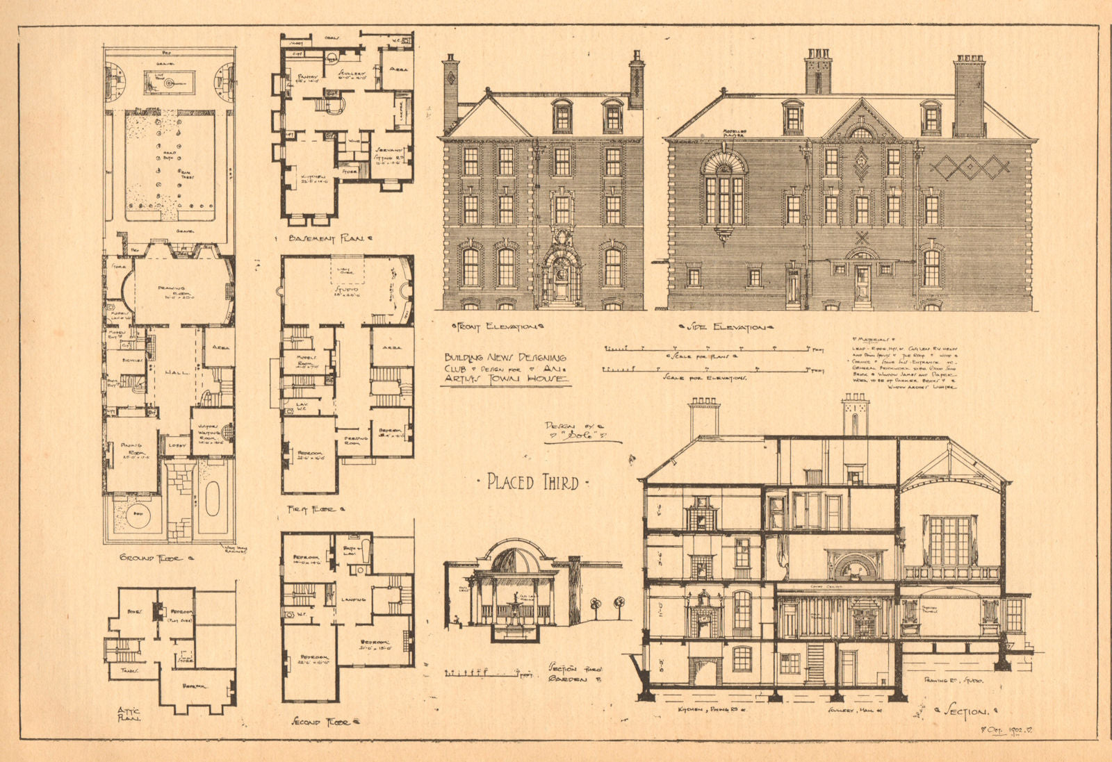 Design for an artist's town house. Floorplans & elevations 1902 old print